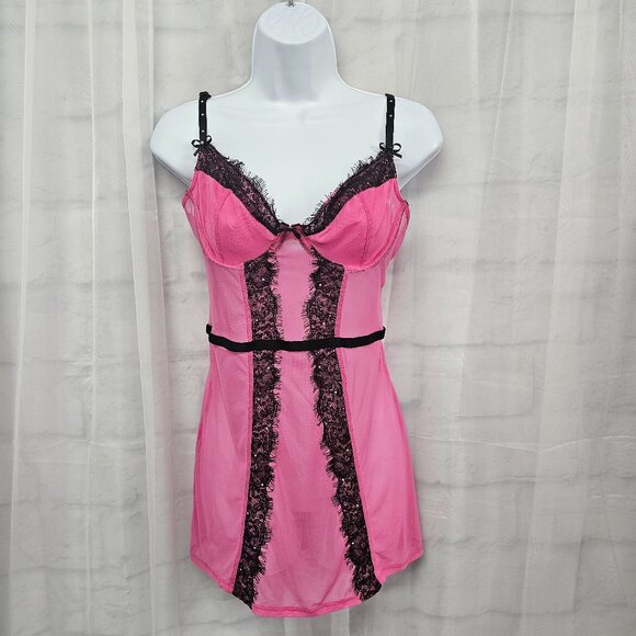 Frederick' s of Hollywood Y2K Babydoll Tank Pink Lace Mesh Whimsigoth Sheer L - Picture 1 of 9